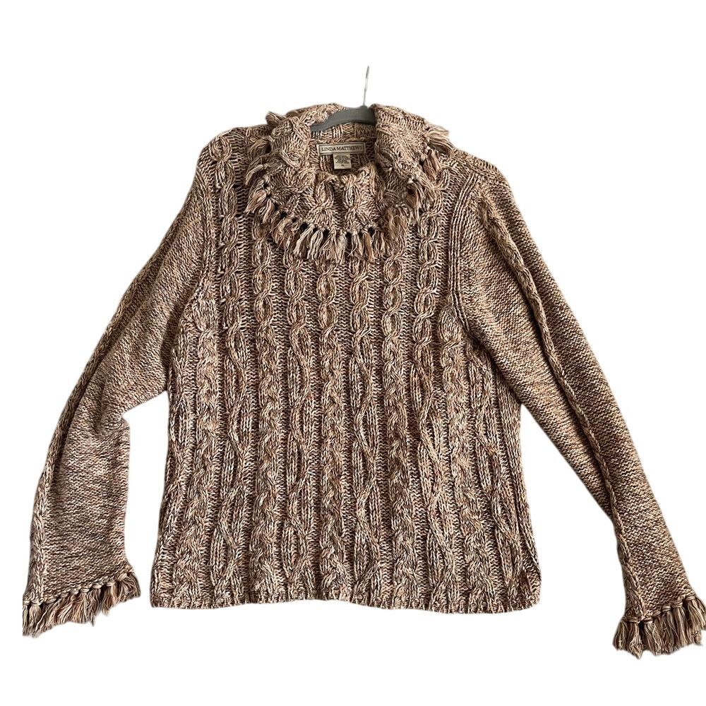 Linda Matthews XL women's chunky cable‎ knit sweater, fringe, western neutral